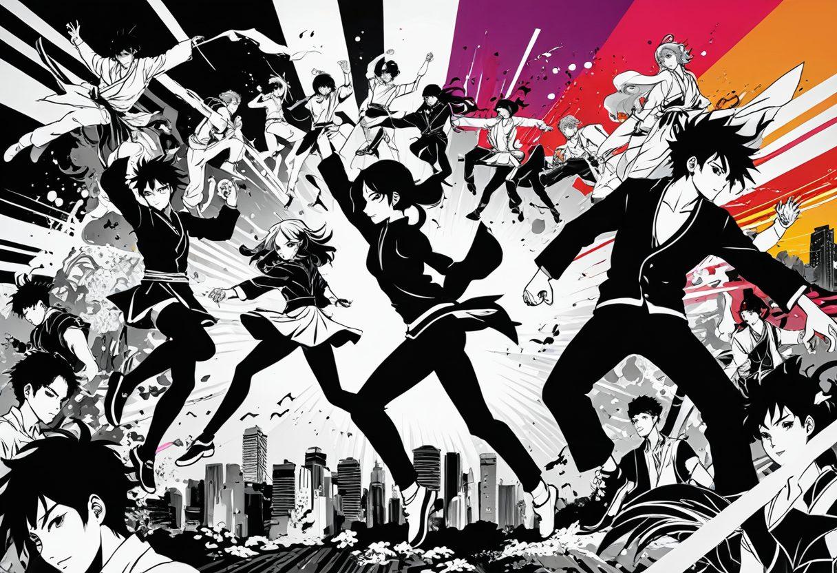 A dynamic collage depicting the transformation from traditional manga art to vibrant animation scenes, featuring iconic characters dancing, fighting, and interacting within a colorful landscape. Include elements like brush strokes representing manga frames transitioning into lively animated sequences. The background should blend contrasting styles of black-and-white manga with rich, saturated colors of modern animation, showcasing the evolution of artistic expression. pop art style. high contrast. vivid colors.
